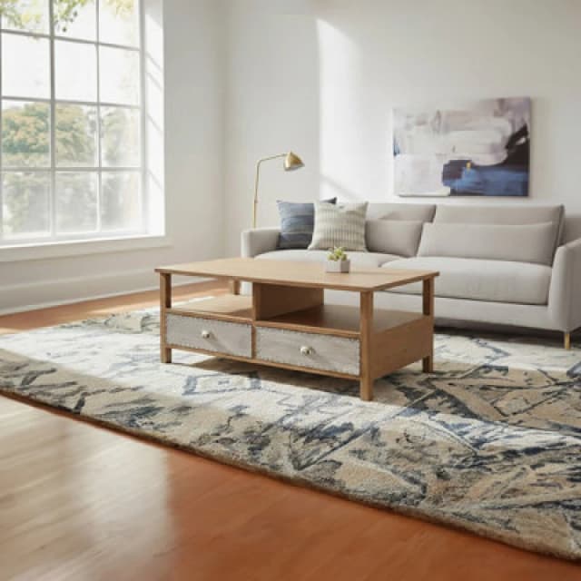 Premier Housewares Interiors by Premier Two Drawer Coffee Table, Modern Coffe Table, 2 Metal Drawer Solid Wood Coffee Table, Rustic Coffee Table Natur