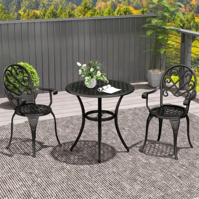 Outsunny 3PCs Bistro Set, Aluminium Garden Table and Chairs Black True Black