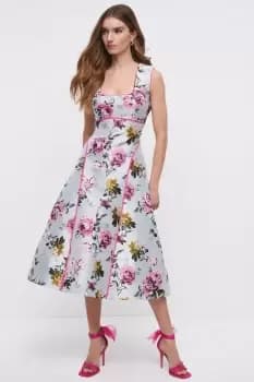 Square Neck Midi Dress In Jacquard With Seam