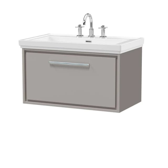 Balterley Modern Bathroom Wall Hung Single Drawer Vanity Unit With Fireclay Basin, Pebble Grey, 800mm