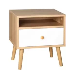 Homcom Bedside Table With Drawer And Shelf Compartment Natural And White Wooden Legs