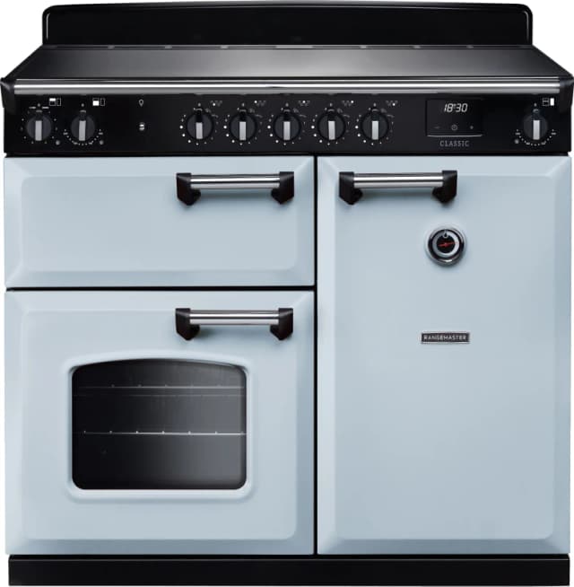 Rangemaster Classic CL100EIPMSB/CM1 100cm wide Electric Range Cooker with Induction Hob - Misty Blue / Chrome - A/A Rated