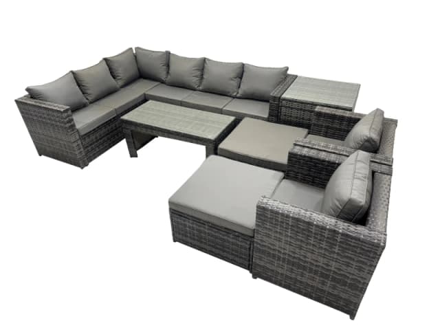 Fimous 8 Pieces Garden Furniture Corner Sofa Set & Chair Big Stool Side Table in Dark Grey Dark Grey Unisex