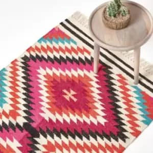 Manila Handwoven Pink, Orange and White Multi Coloured Diamond Patterned Kilim Wool Rug, 90 x 150cm - Multi Colour - Homescapes