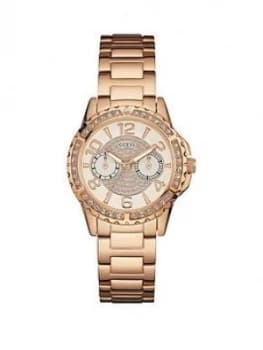 Guess Sassy Guess Ladies Rose Gold Watch With Multifunctional Dial And Crystal Detailing.