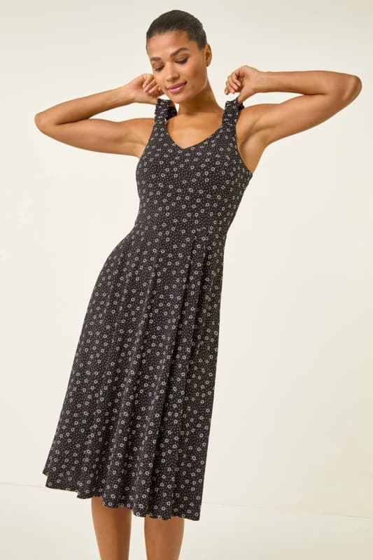 Roman Womens Floral Spot Print Midi Dress in Black Size: 20 Black Female 20