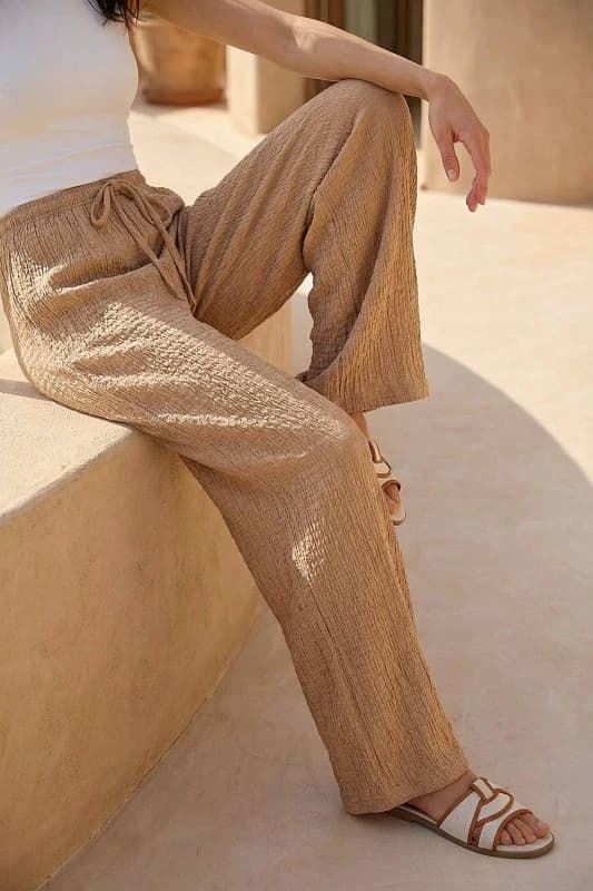 Dusk Womens Crinkle Wide Leg Stretch Trouser in Beige Size: 14 Beige Female 14