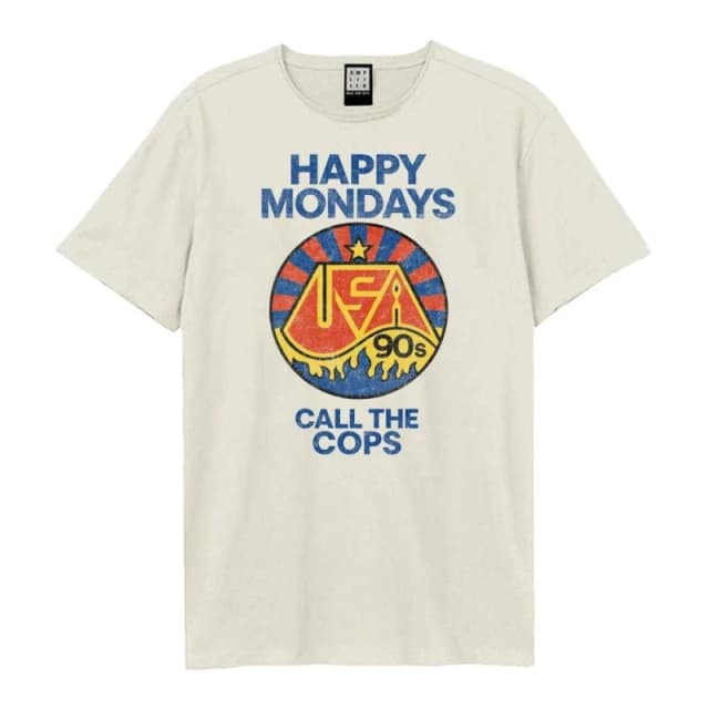 Amplified Mens Call The Cops Happy Mondays T-Shirt in Ecru Size: XS Ecru Male XS