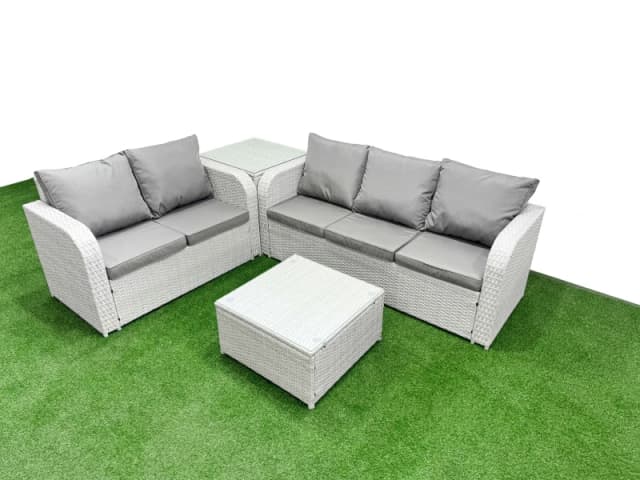 Fimous 5 Seater PE Rattan Wicker Garden Furniture Patio Conservatory Sofa Set with Square Coffee Table 3 Seater Sofa Love Sofa Side Table Light Grey