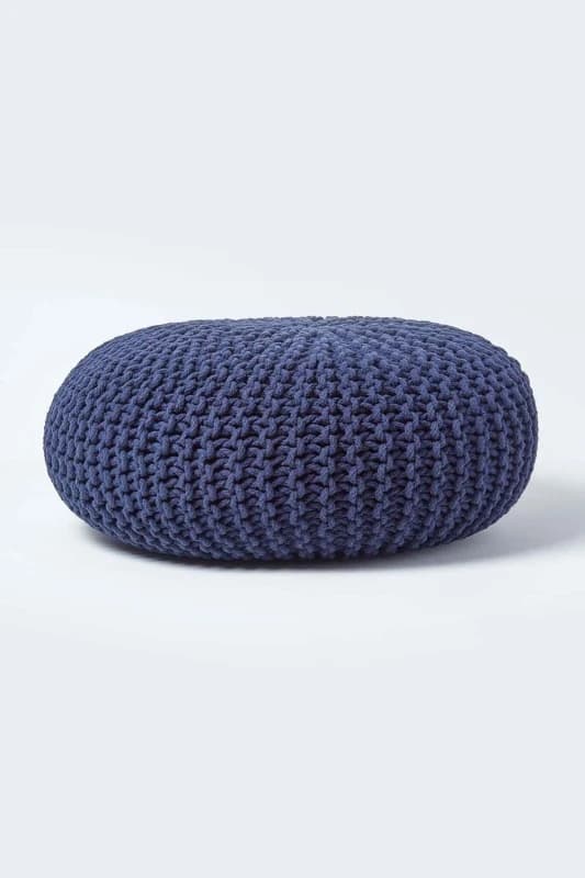 Homescapes Large Round Cotton Knitted Pouffe Footstool Navy