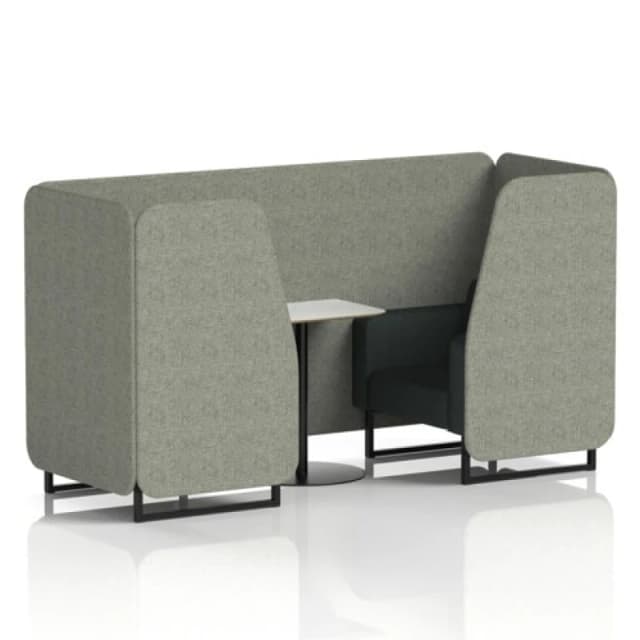 Brixworth 2 Seater Office Booth with Front Panel - Black Legs and White Table with Black Leg in Rivet Fabric - Vitreous Panels and Charcoal Sofa