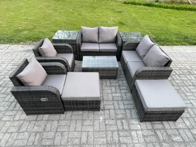 Fimous High Back Rattan Garden Furniture Set with Loveseat Sofa Coffee Table 2 Side Tables 2 Big Footstool Indoor Outdoor Patio Lounge Sofa Set Dark G