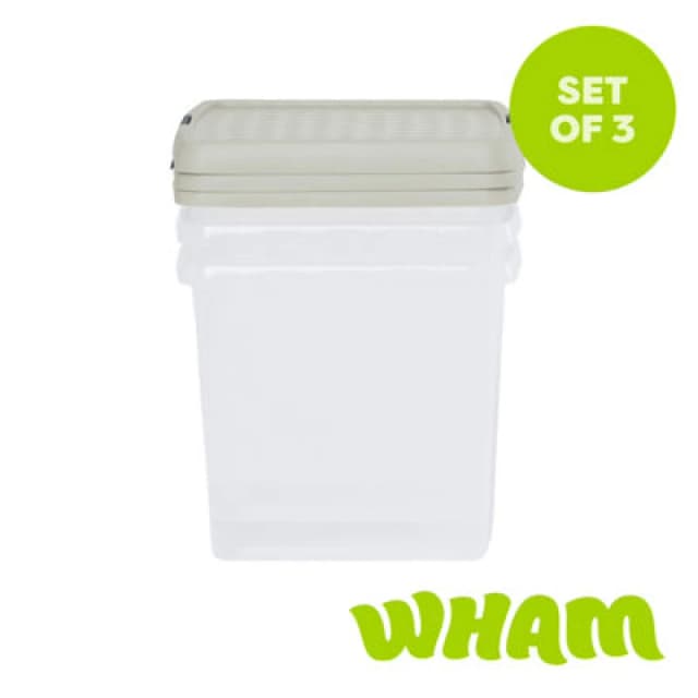 Wham Clip 3X 14L Square Plastic Storage Boxes With Clip Lock Lids. Ideal For Home, Office, Toys & More - Clear/stone