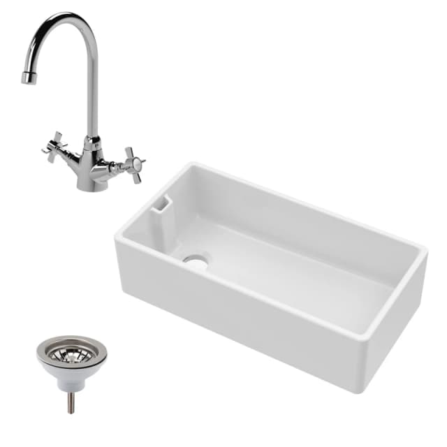 Balterley Fireclay Belfast Sink Overflow Sink Mixer Tap Waste 895mm in White White Unisex