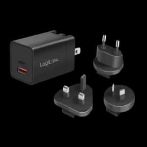 LogiLink USB Travel Charger, GaN, 2port, USB-AF & USB-CF, 30W, w/PD