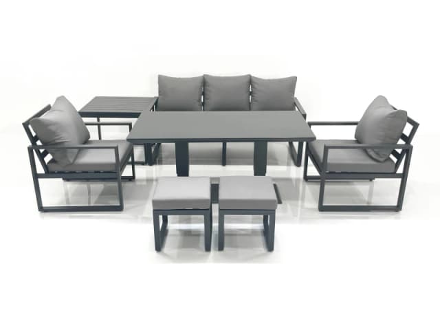 Fimous Outdoor Aluminium Garden Furniture Set w/ Adjustable Rising Lifting Dining Table 3 Seater Sofa 2 Chair 2 Small Footstools Side Table Dark Grey