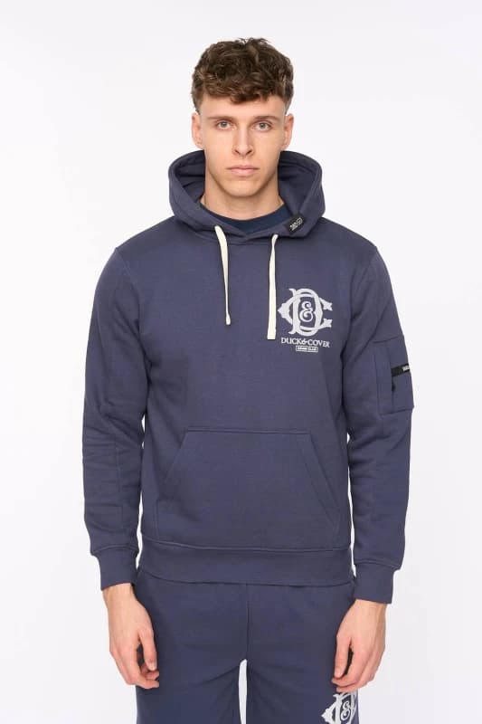 Duck and Cover Mens Randolph Functional Hooded Sweatshirt with Pocket in Navy Size: Large Navy Male L