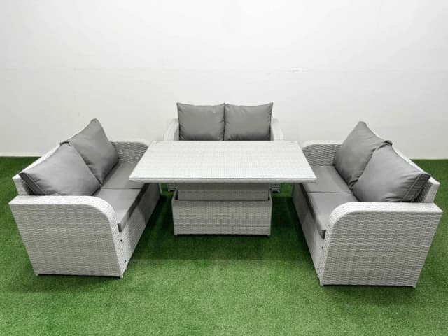 Fimous 6 Seater PE Wicker Rattan Furniture Sofa Sets with Adjustable Lifting Dining or Coffee Table 2 Seater Love Sofa Light Grey Light Grey