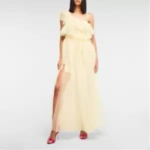 Missguided Tulle Tiered Asymmetric Shoulder Ruffle Maxi Dress - Yellow
