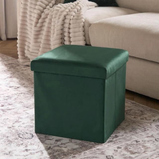 OHS OHS Folding Ottoman Storage Box Footstool Tub Space Saving Velvet Seat in Dark Green Dark Green One Size Unisex 5027434215690