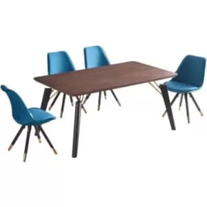 5 Pieces Life Interiors Vittorio Duke Dining Set - a Rectangular Walnut Dining Table and Set of 4 Blue Dining Chairs - Blue