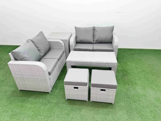 Fimous 6 Seater Outdoor Love Sofa Set Rattan Garden Furniture Set with Oblong Coffee Table 2 Small Stools Side Table Light Grey Light Grey