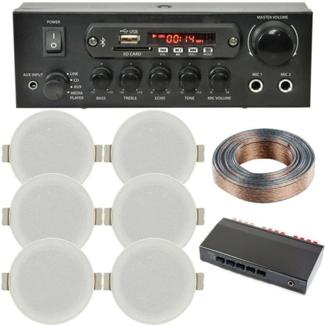 Loops Bluetooth Ceiling Music Kit 3 Zone Stereo Amp & 6x Low Profile HiFi Speaker Multi unisex