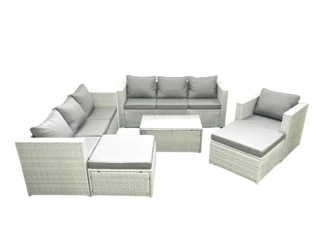 Fimous Wicker PE Rattan Sofa Garden Furniture Set with Armchair Oblong Coffee Table 2 Big Footstools Light Grey Mixed Light Grey