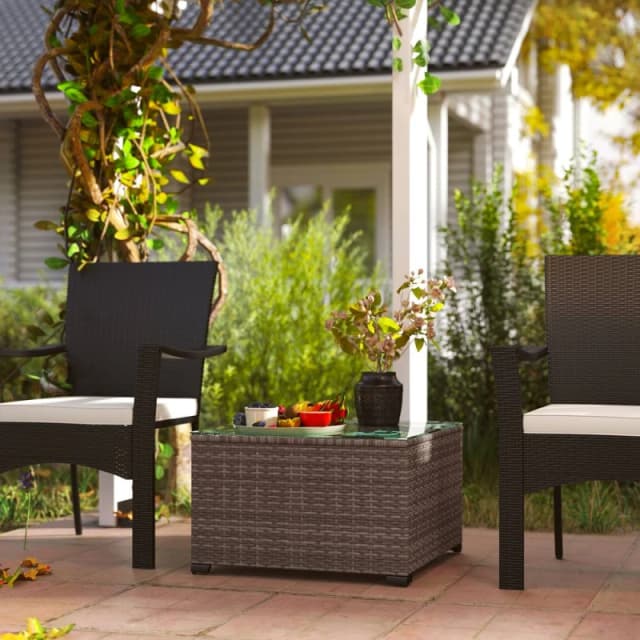 Outsunny Outdoor Coffee Table with Glass Top, Rattan Side Table, Black Black