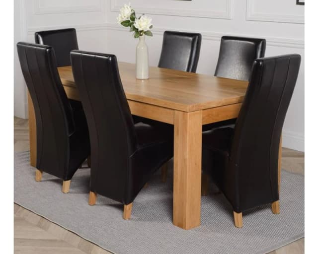 Thats Furniture Dakot 182 x 92cm Oak Large Dining Table & 6 Lola Leather Chairs in Black Size: 182 x 92cm Black Unisex 182 x 92 cm