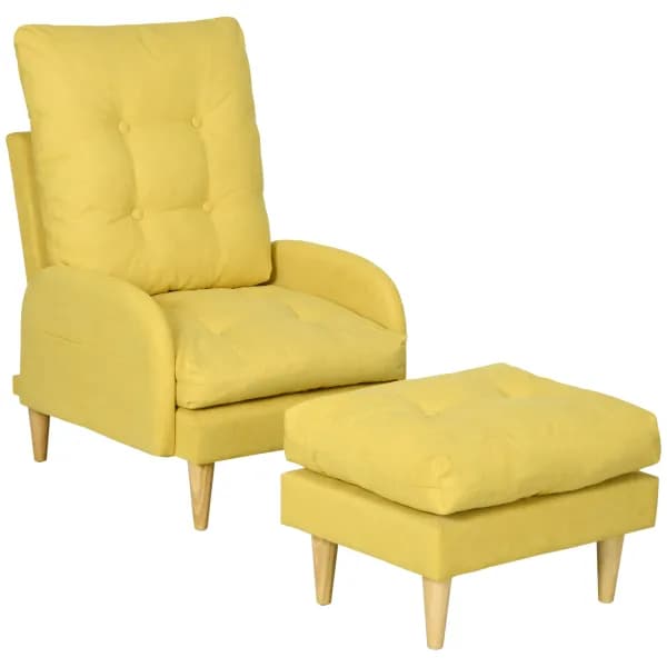 HOMCOM Upholstered Armchair with Footstool Set, Modern Button Tufted Accent Chair w/ Adjustable Backrest, Cushions, Wood Legs and Side Pockets, Yellow