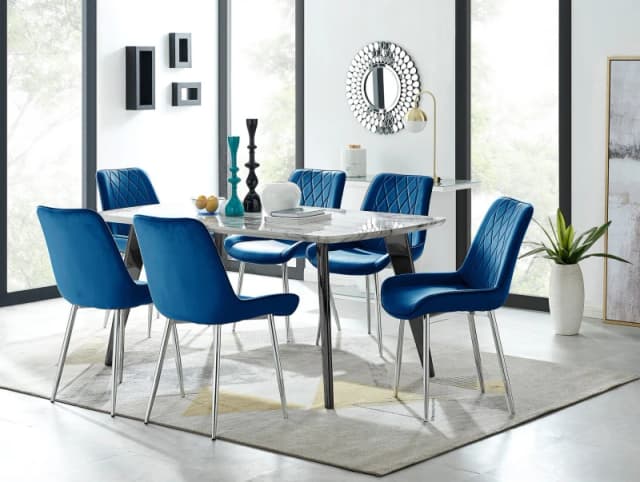 FurnitureboxUK FurnitureboxUK Andria Marble Effect Dining Table With Black Legs & 6 Pesaro Velvet Silver Leg Chairs in Navy Navy One Size Unisex 50565