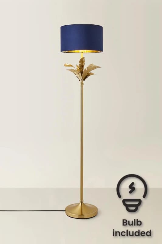 ValueLights ValueLights Christina Velvet with Gold Inner Drum Shade Gold Palm Leaf Floor Lamp with Bulb in Navy Navy One Size Unisex 5059406067372
