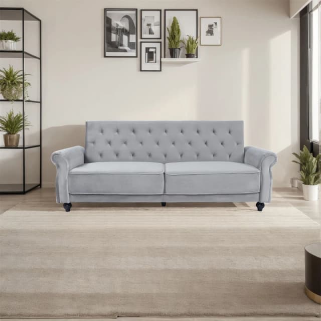 FURNITURE ONE 3 Seater Sofa Bed, 225CM Velvet Sofa Bed Click Clack Sofa Bed with Solid Wool Legs Pale Grey
