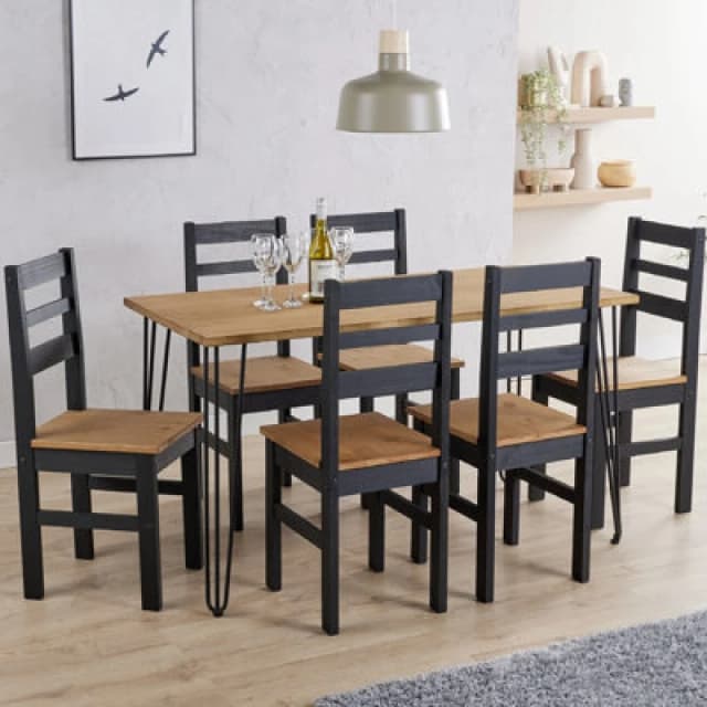 Core Products Augusta Antique Waxed Pine 150Cm Wide Dining Table With 6 Black Pine Chairs