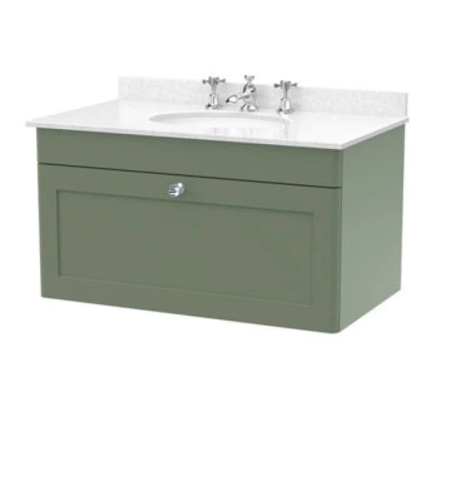 nuie 800mm Wall Hung 1 Drawer Vanity & Marble Top 3TH - Satin Green CLC896WR3