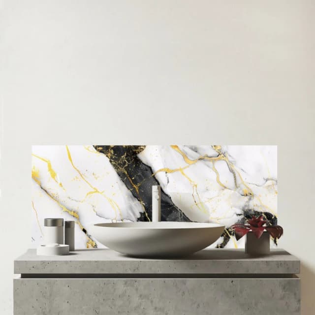 Warren Reed - Designer Flecks Of Gold Marble Effect Glass Bathroom Splashback in White White Unisex