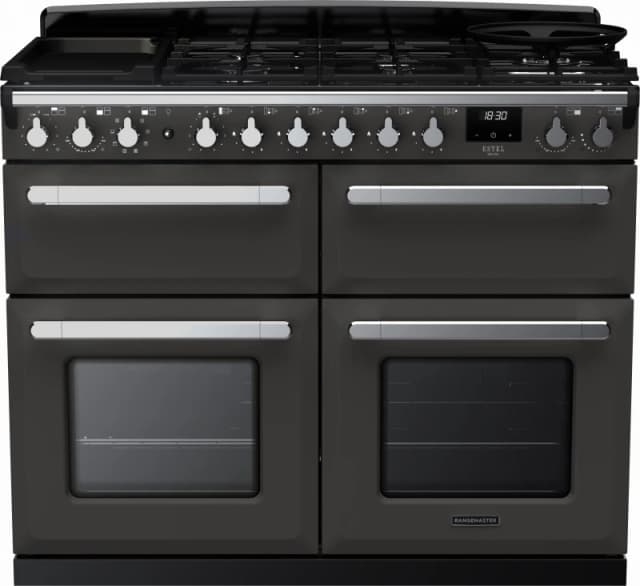 Rangemaster Estel Deluxe ESDLB110DFPSLT/CM1 110cm wide Dual Fuel Range Cooker with Gas Hob - Slate / Chrome - A/A Rated