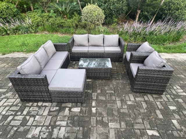 Fimous Outdoor Lounge Sofa Set Wicker PE Rattan Garden Furniture Set with 2 Armchair Oblong Coffee Table Big Footstool Dark Grey Mixed Dark Grey