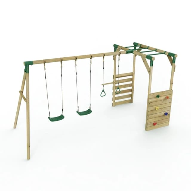 Rebo Wooden Swing Set with Trapeze, Climbing Wall and Monkey Bars - Comet Green Green