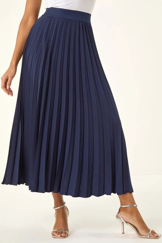 Roman Pleated Elastic Waist Maxi Skirt Navy