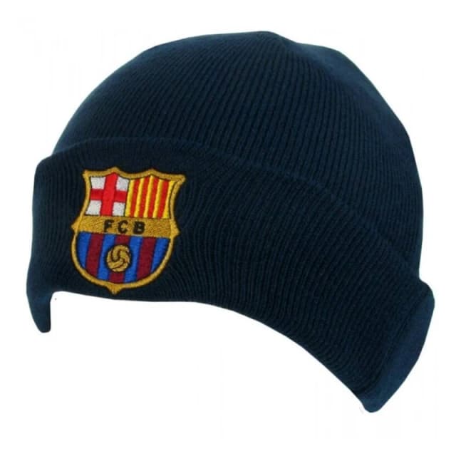 FC Barcelona Mens Embroidered Logo Knitted Beanie Hat with Turned Up Cuff in Navy Navy Male One Size