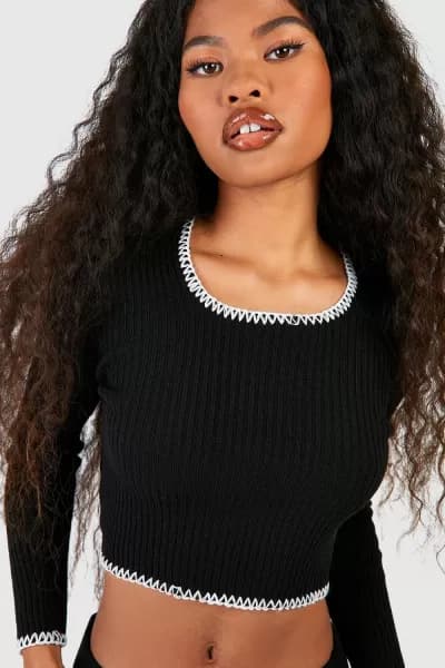 Blanket Stitch Square Neck Rib Knit Jumper