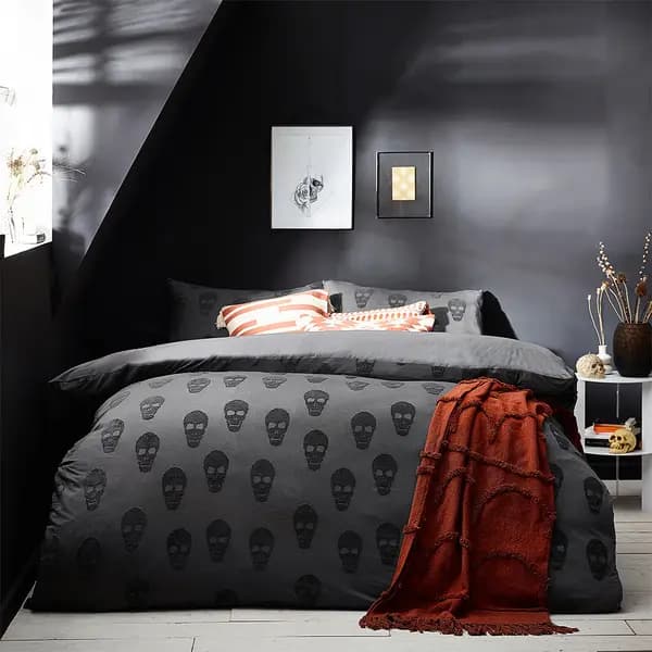 Skulls Tufted 100% Cotton Duvet Cover Set Charcoal / Double