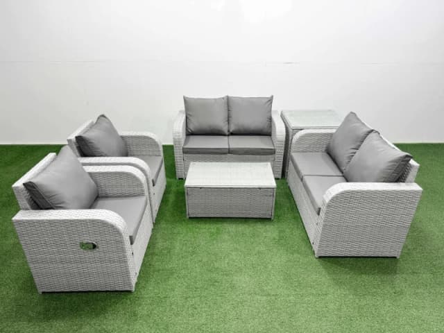 Fimous 6 Seater Outdoor Reclining Chair Love Sofa Set Rattan Garden Furniture Set with Rectangular Coffee Table Side Table Light Grey Light Grey