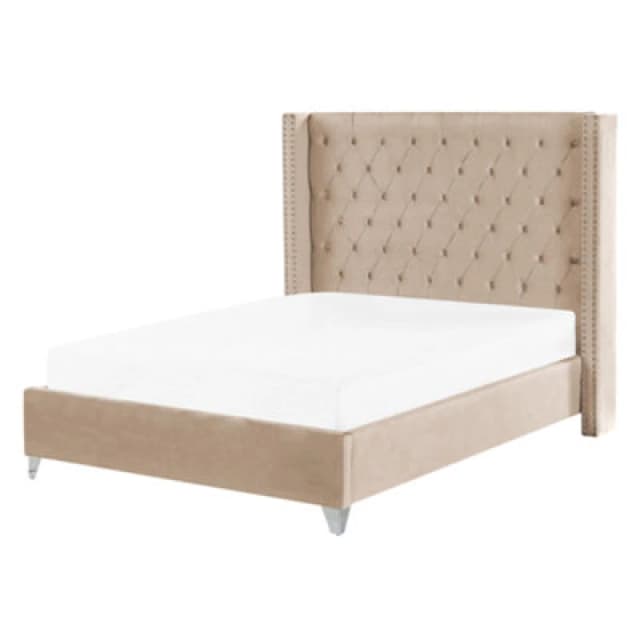 Beliani Bed Velvet Lubbon 140 X 200 Cm (Eu Double) Beige