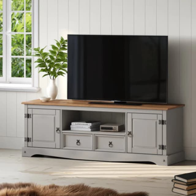 Mercers Furniture Corona Grey Wax Large Widescreen TV Unit 2 Door 2 Drawer Media Unit Solid Pine With Mexican Styling, Grey 2TONE120