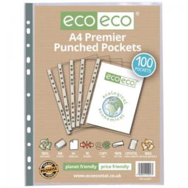 Eco Eco 100% Recycled Premier Punched Pocket A4 Clear (100 Pack) eco057-S