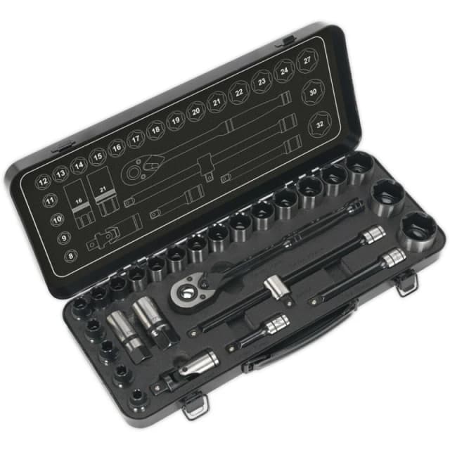 Loops 28pc BLACK SERIES Deep Socket & Ratchet Handle Set -1/2" Sq Drive 6 Point Metric Black