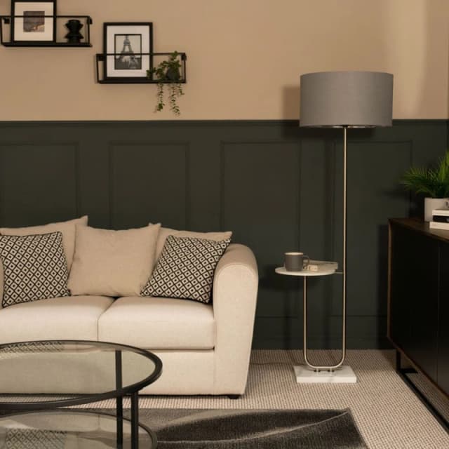 ValueLights Tavel Brushed Chrome Marble Base Floor Lamp With Table And Large Grey And Chrome Shade Brown